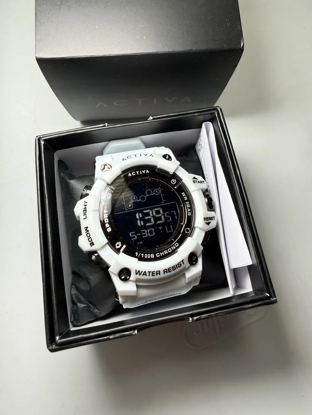 ACTIVA Digital Sport Watch Chronograph Backlight 3 BAR White Resin Strap Box